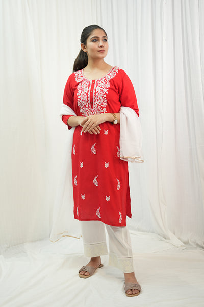 Red White PATIALA KURTI Suit With Dupatta Set